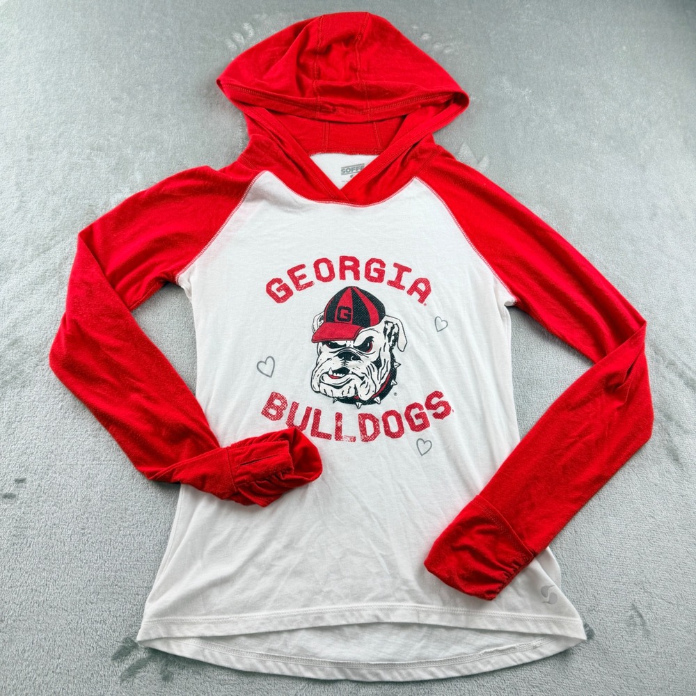 Soffe Women's Small Georgia Bulldogs Red White Raglan Hoodie Long Sleeve